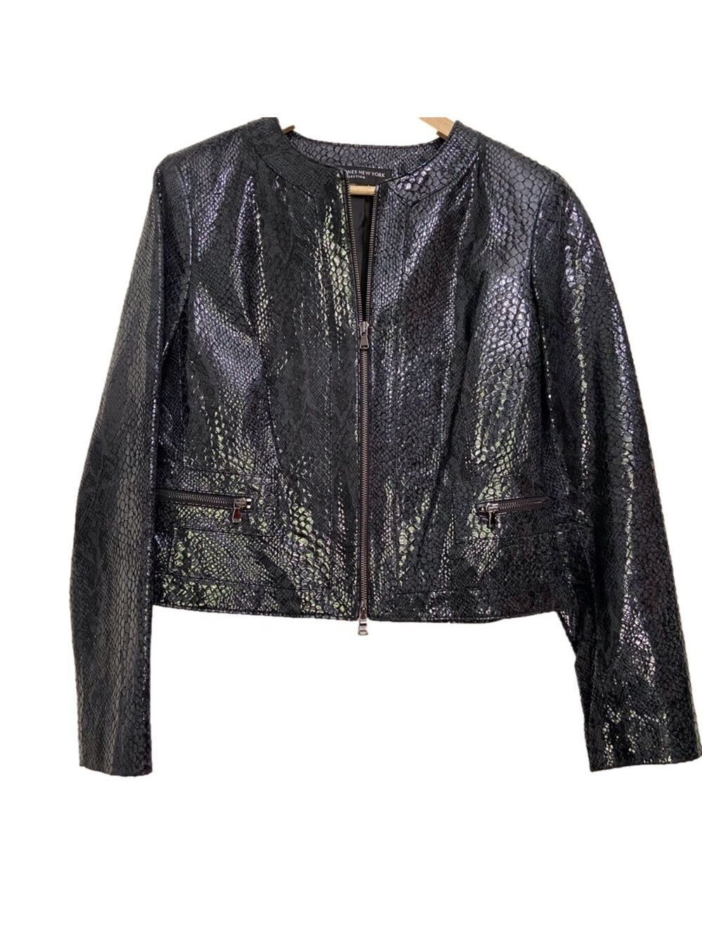 JONES New York black crop jacket shinny genuine leather soft contemporary spakle